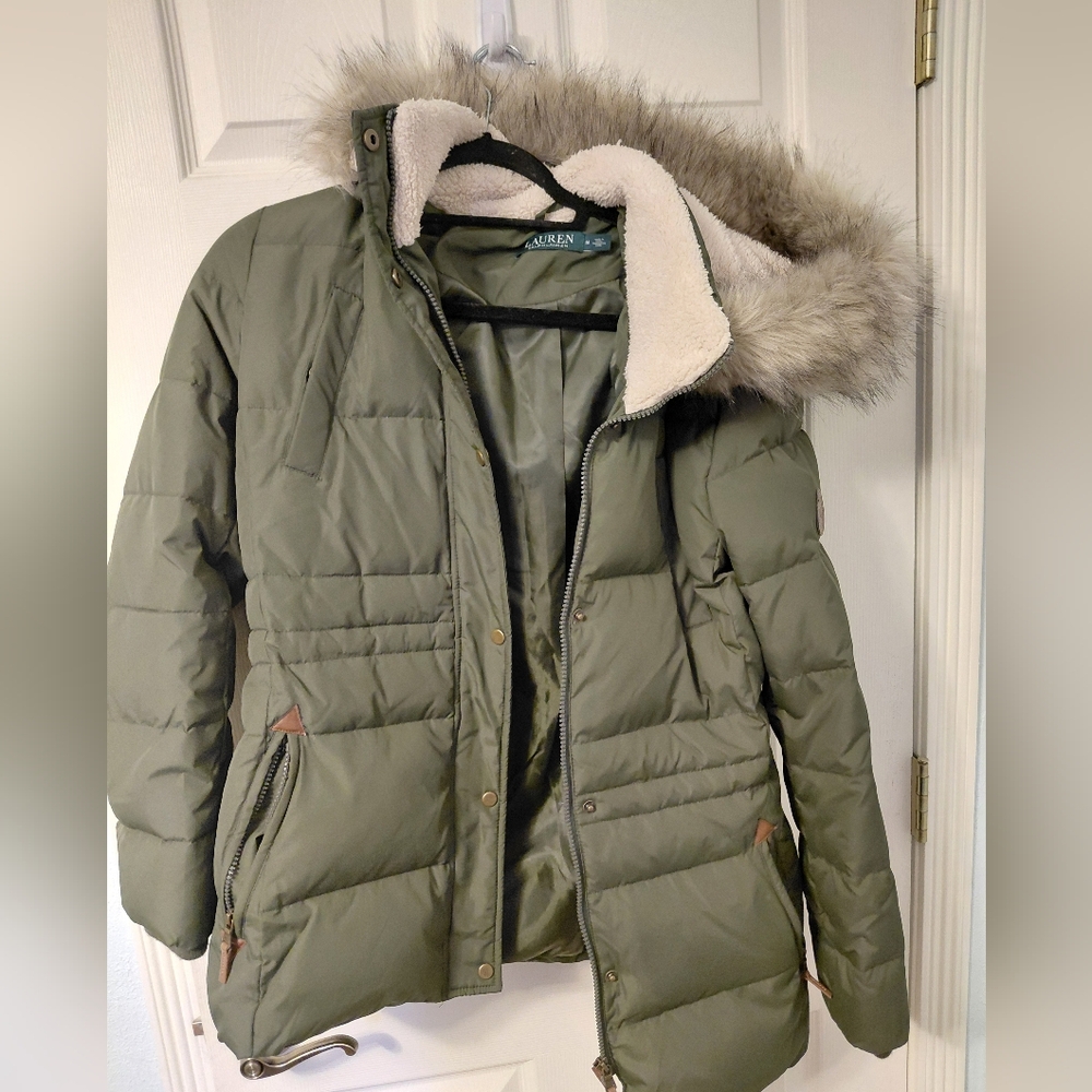 Ralph Lauren Olive Puffer Jacket with Faux Fur Trim